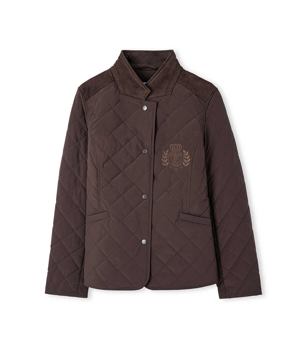 Embroidered Suede-Trim Quilted Coat