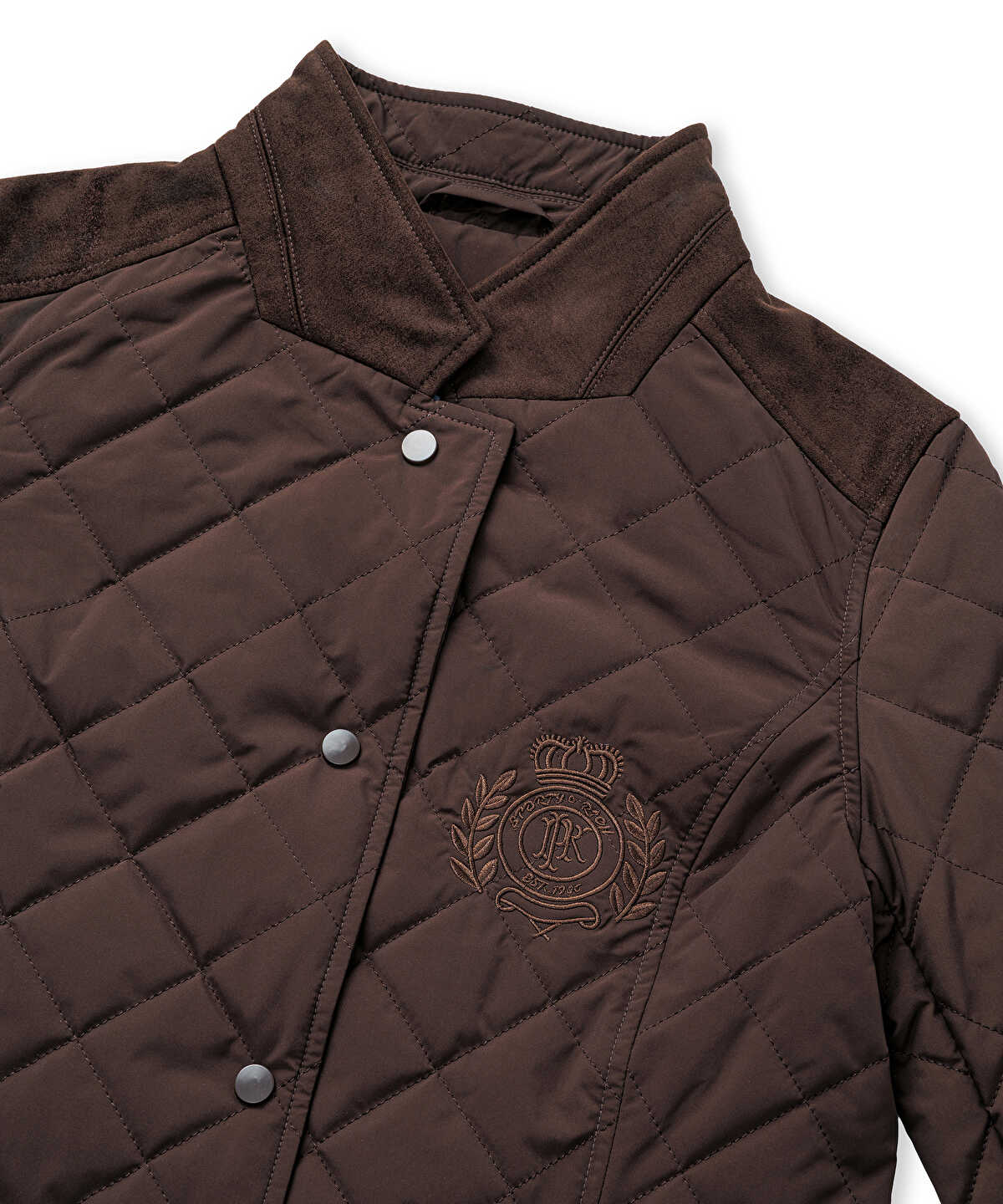 Embroidered Suede-Trim Quilted Coat