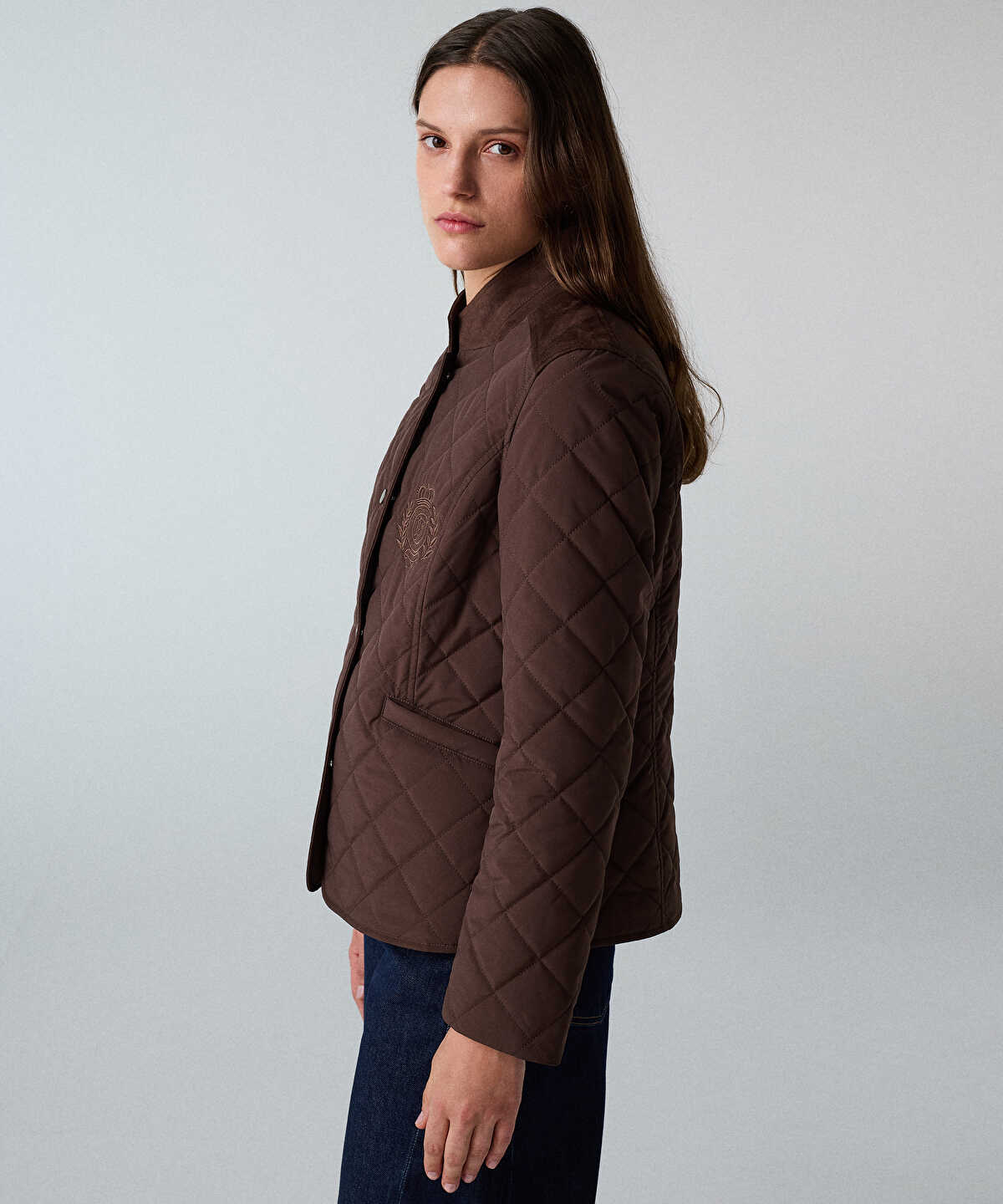 Embroidered Suede-Trim Quilted Coat