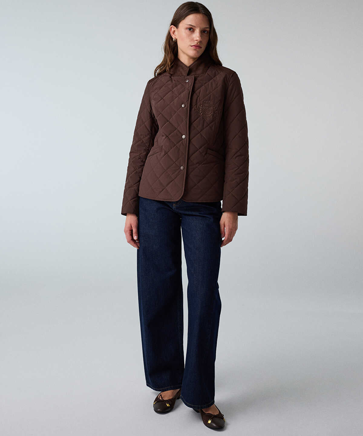 Embroidered Suede-Trim Quilted Coat