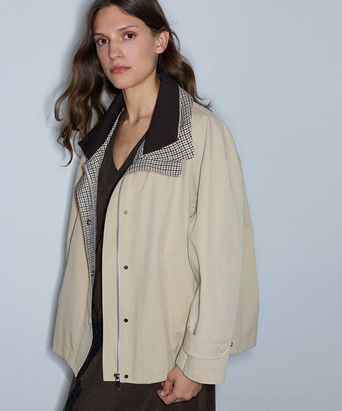 Knit-Collar Color-Block Coat