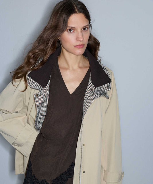 Knit-Collar Color-Block Coat