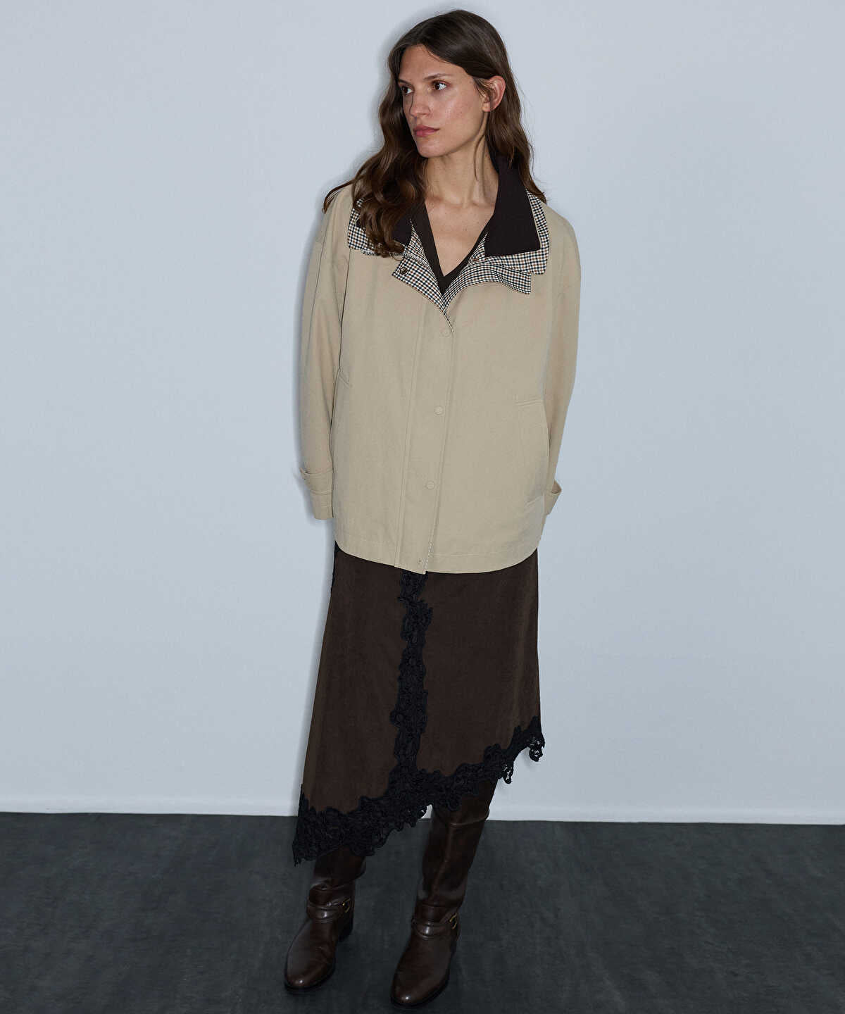 Knit-Collar Color-Block Coat