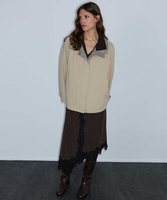 Knit-Collar Color-Block Coat