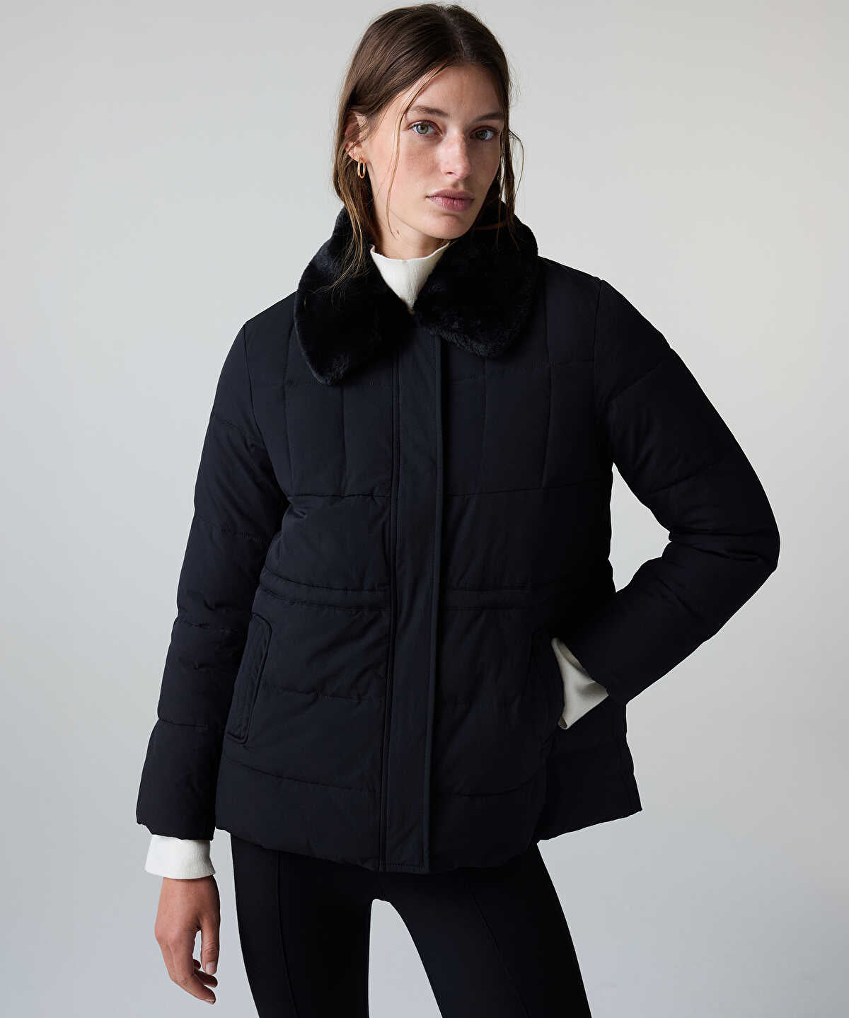 Puffer Coat with Faux Fur Collar