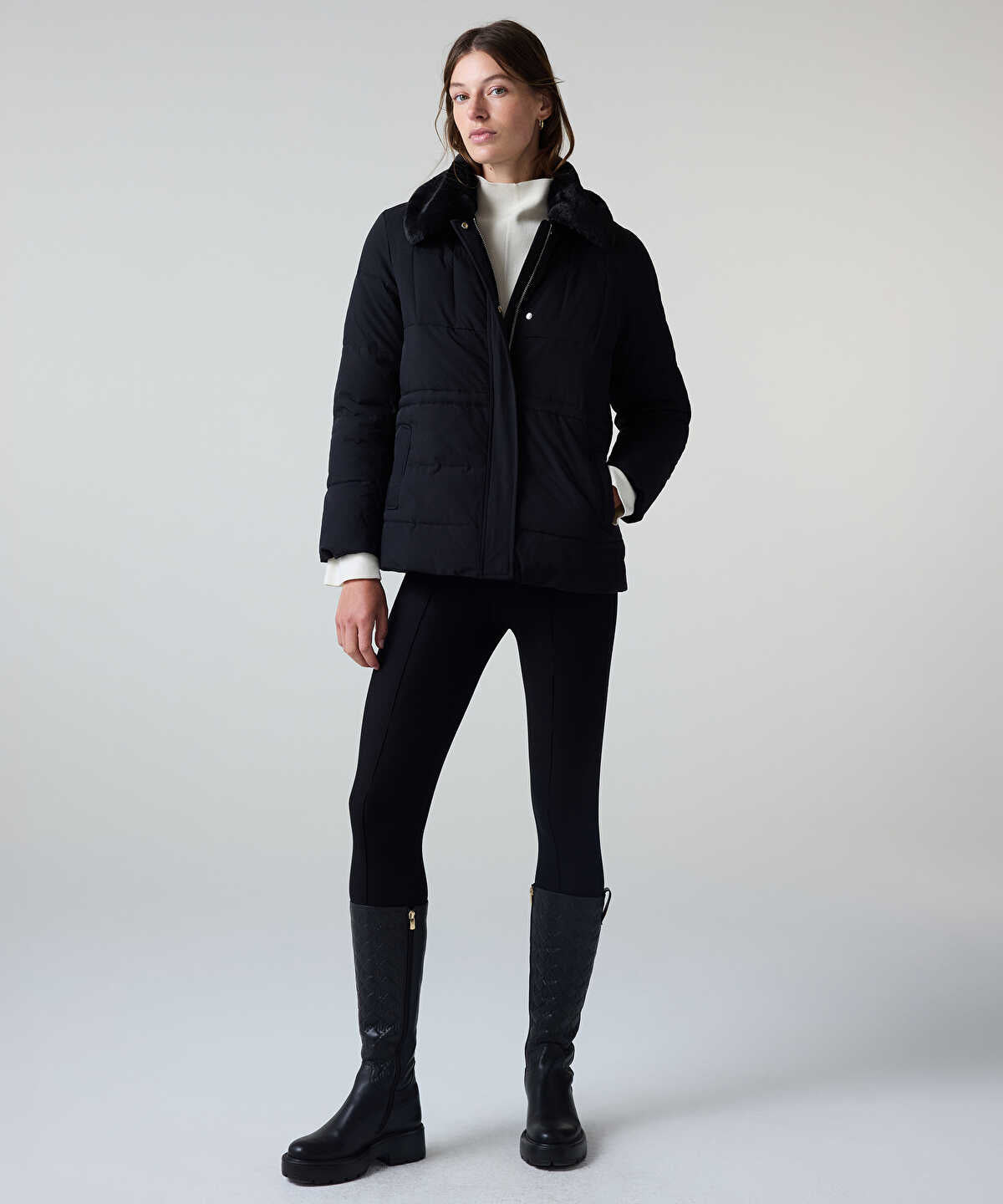 Puffer Coat with Faux Fur Collar