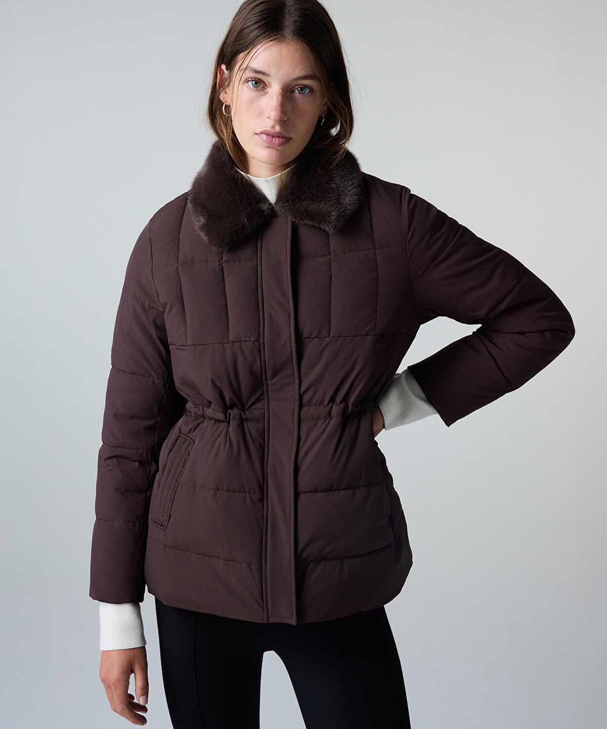 Puffer Coat with Faux Fur Collar