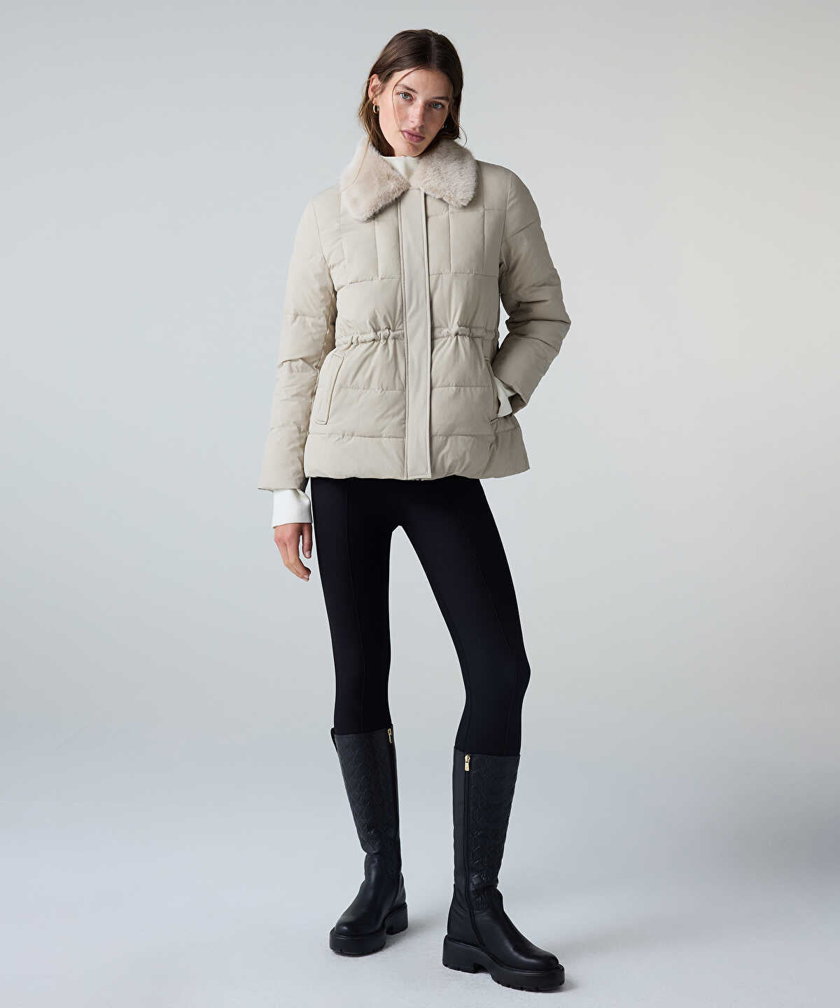 Puffer Coat with Faux Fur Collar
