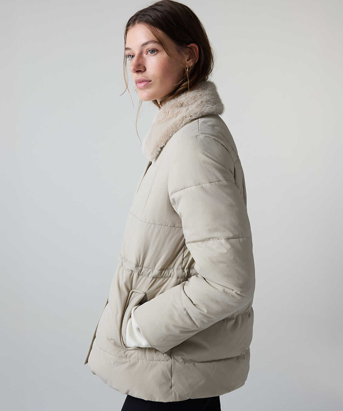 Puffer Coat with Faux Fur Collar