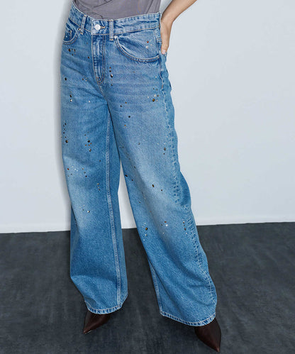 Stud-Embellished Wide-Leg Jeans