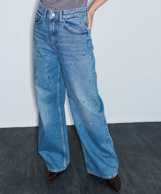 Stud-Embellished Wide-Leg Jeans