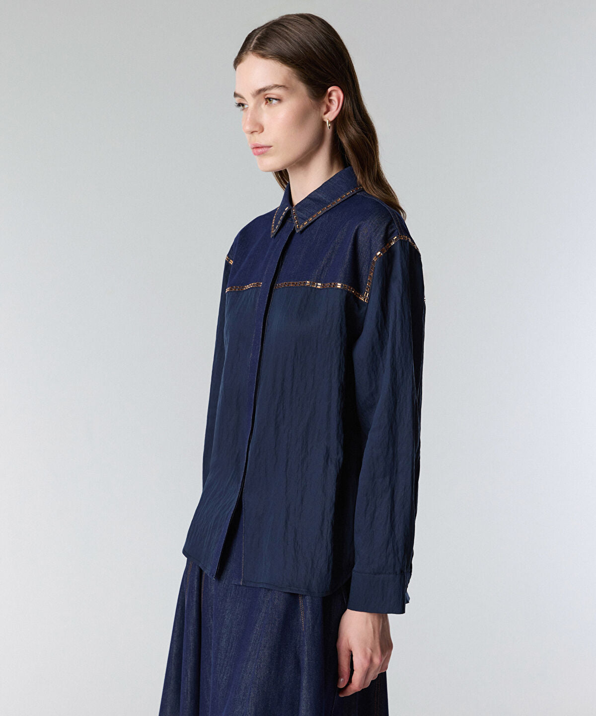 Rhinestone-Trim Denim Shirt