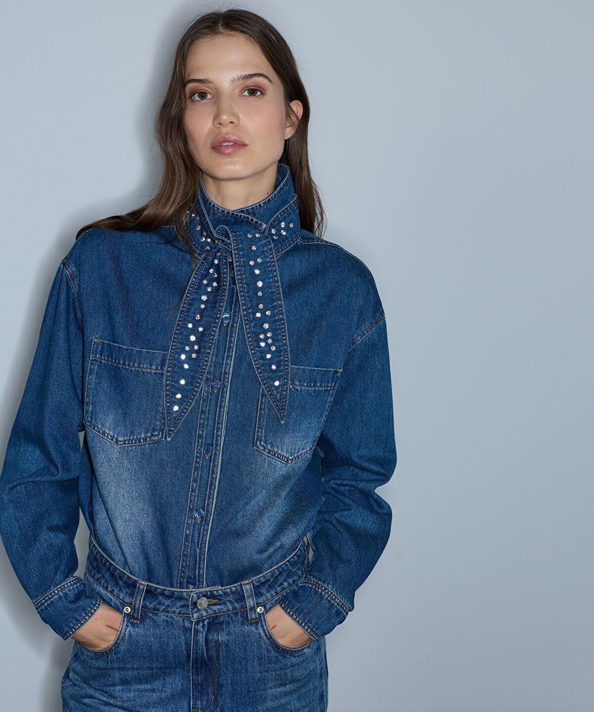 Zoomed Denim Shirt with Detachable Scarf