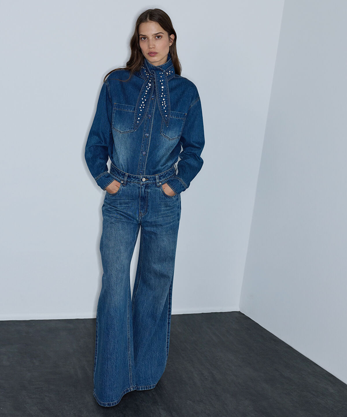 Zoomed Denim Shirt with Detachable Scarf
