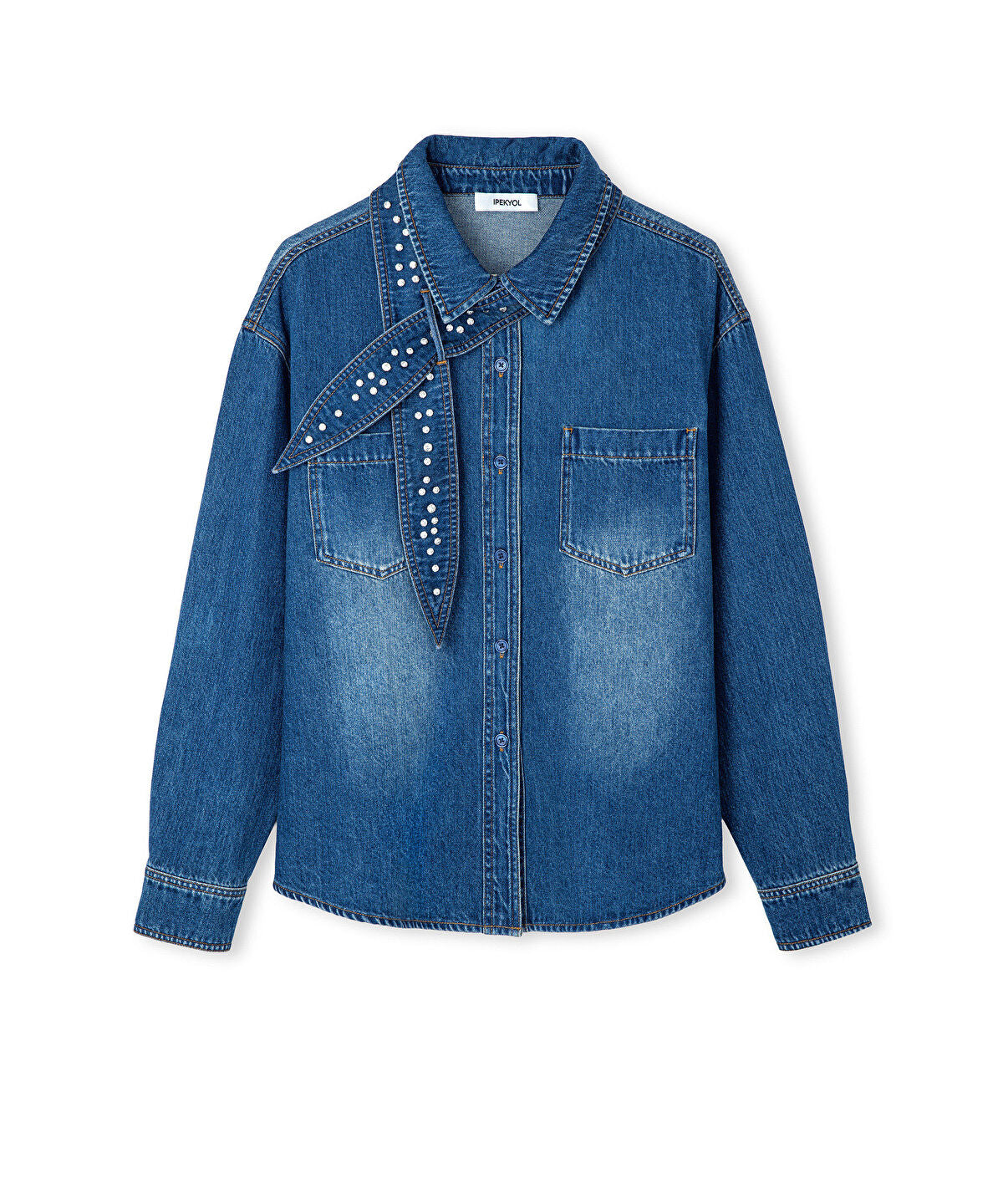 Zoomed Denim Shirt with Detachable Scarf