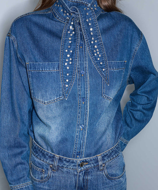 Denim Shirt with Detachable Scarf