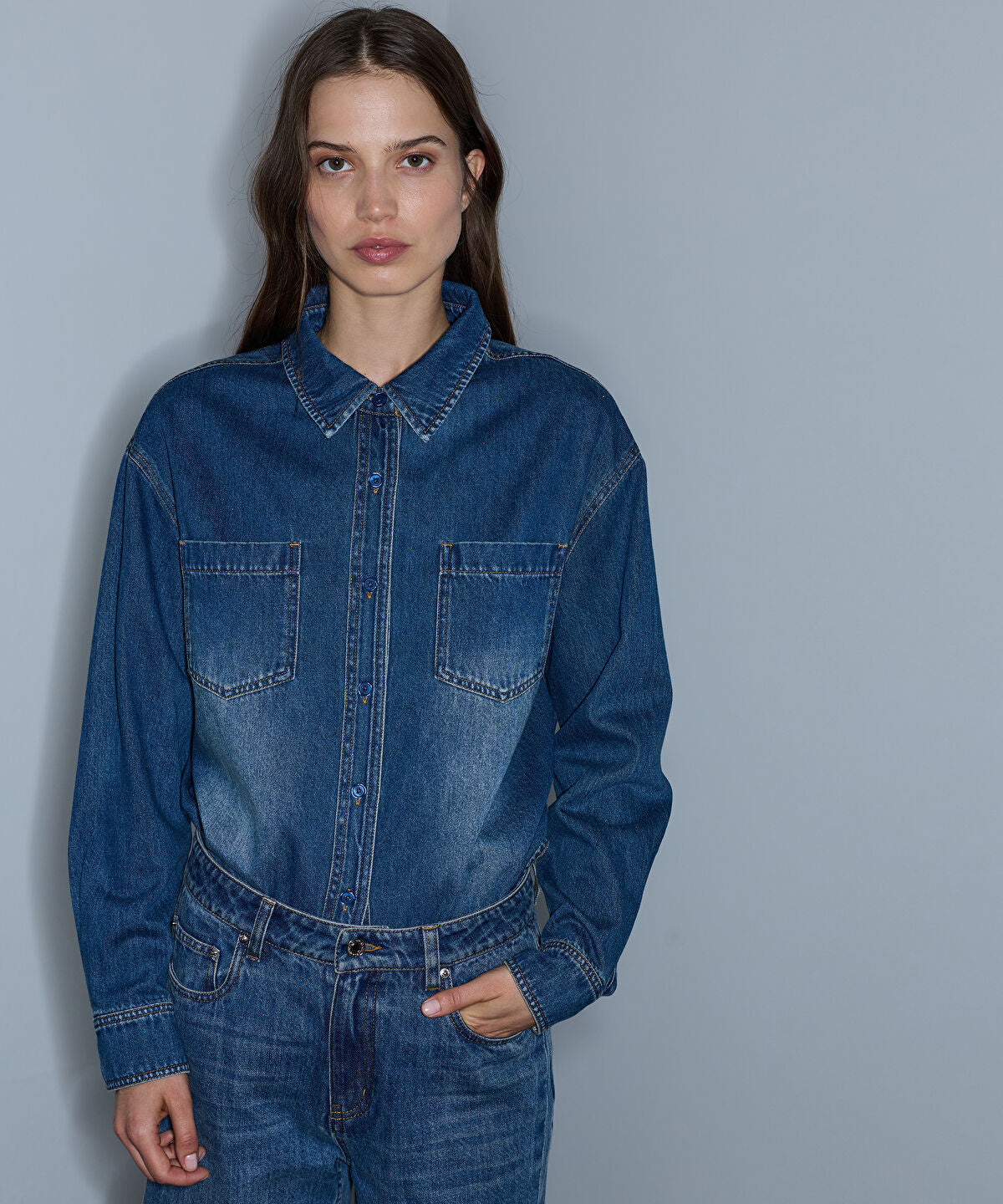 Zoomed Denim Shirt with Detachable Scarf