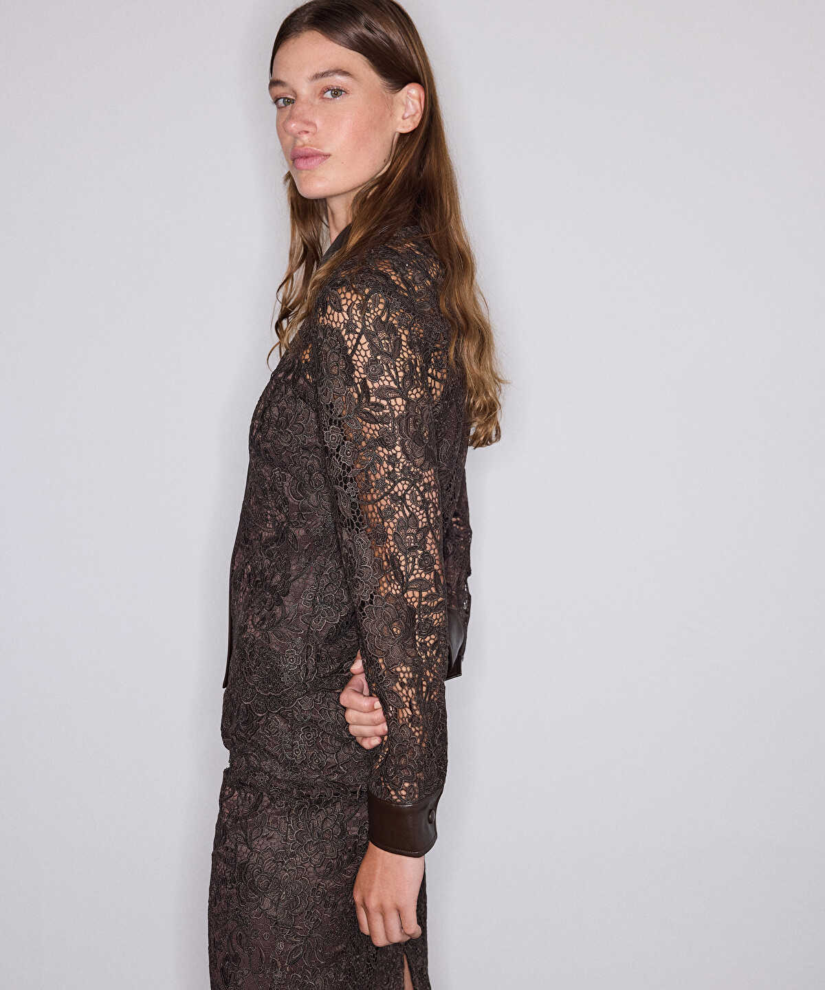 Guipure Lace Shirt with Contrast Trim