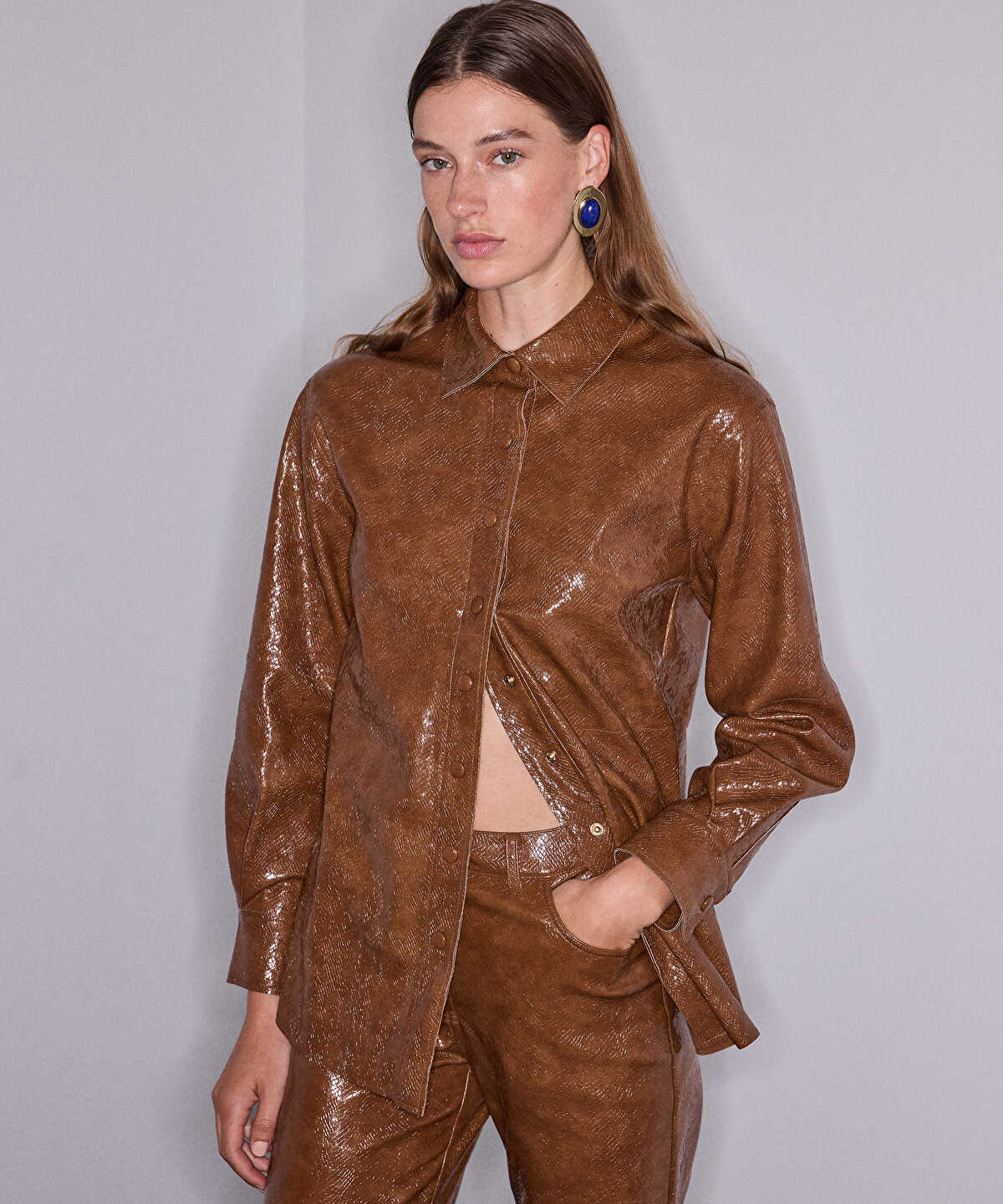 Snakeskin-Print Faux Patent Leather Shirt