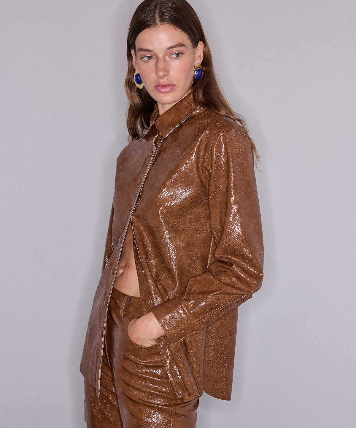 Snakeskin-Print Faux Patent Leather Shirt
