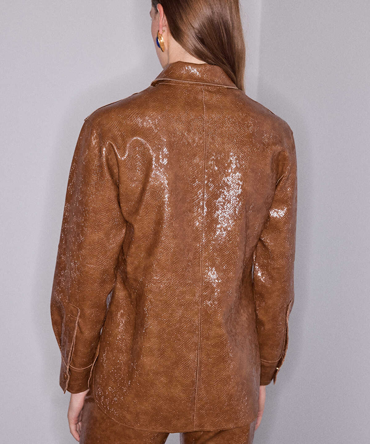 Snakeskin-Print Faux Patent Leather Shirt