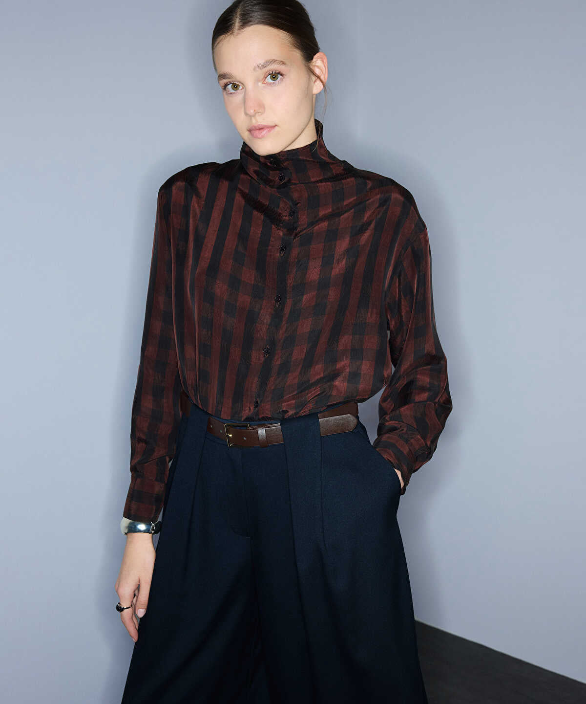 High-Neck Plaid Shirt