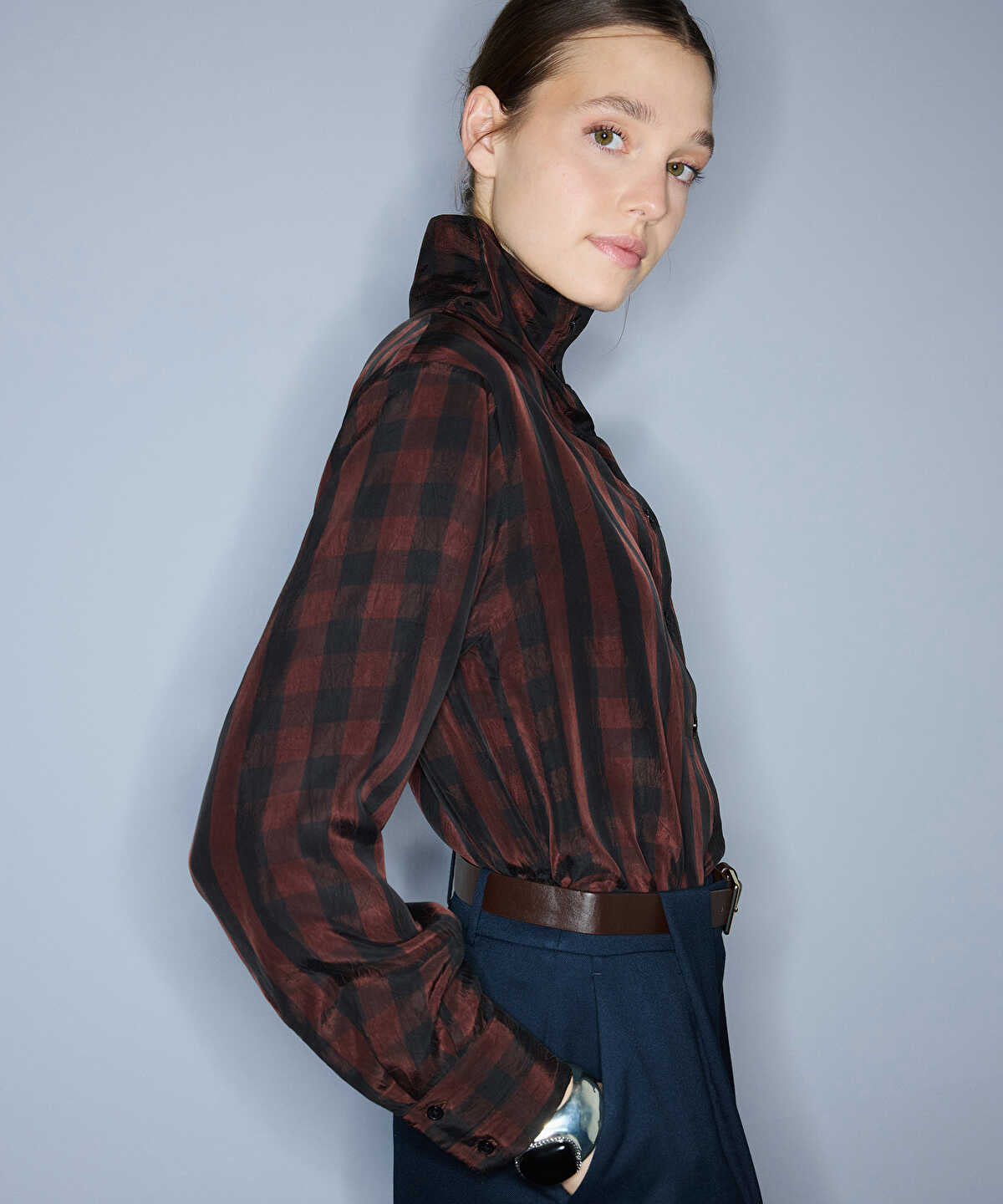 High-Neck Plaid Shirt