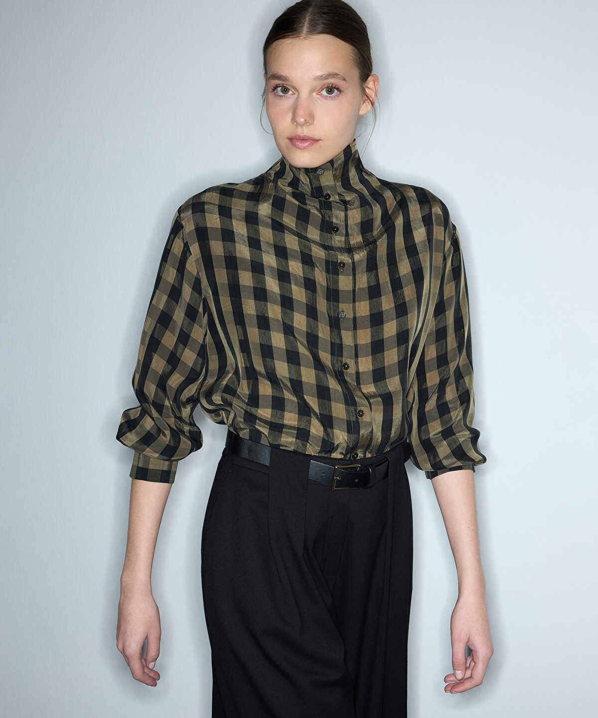 High-Neck Plaid Shirt