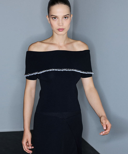 Embellished Off-Shoulder Knit Top