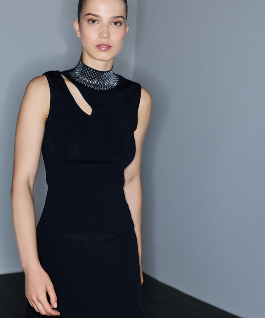 Cutout Knit Top with Rhinestones