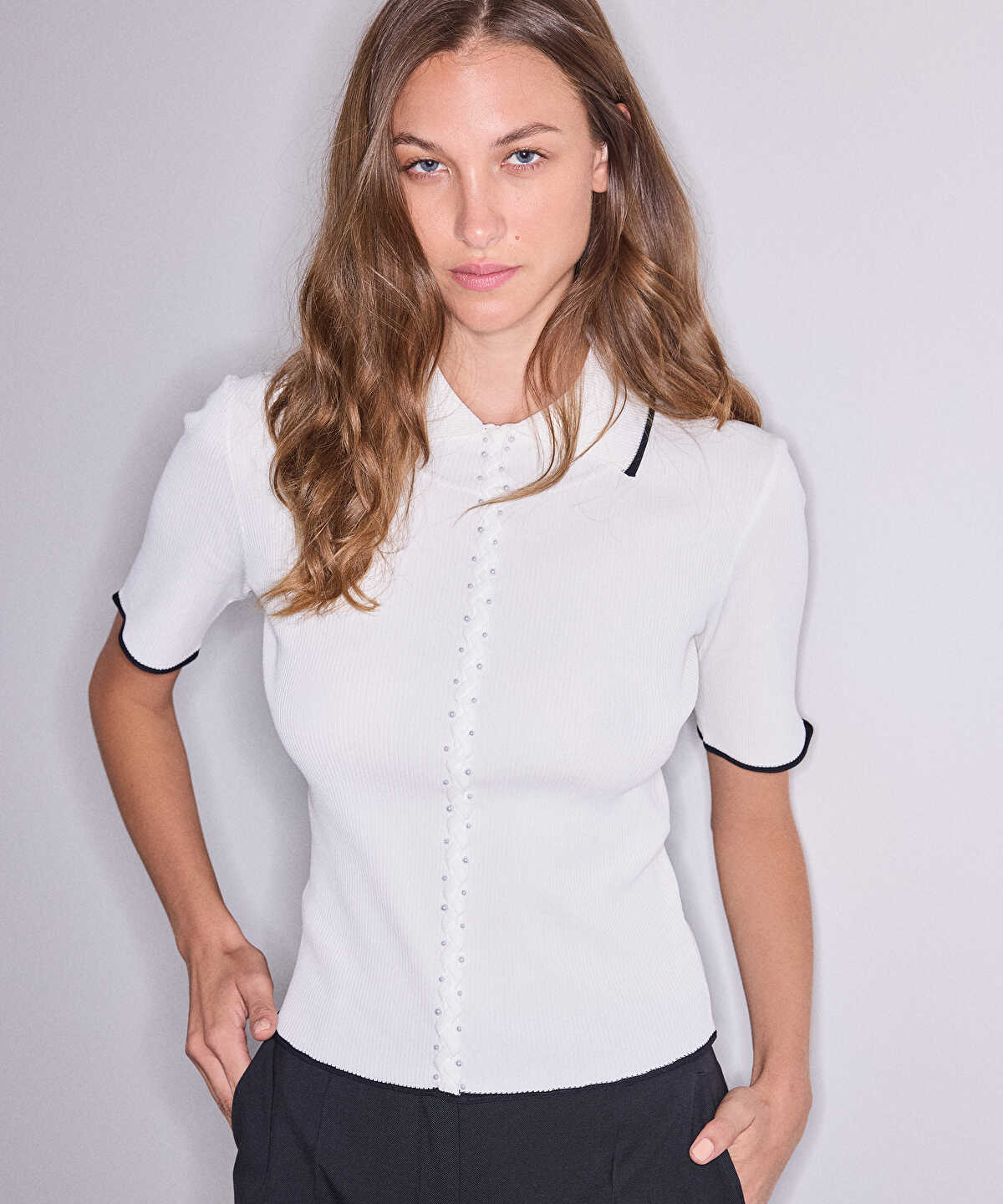 Faux-Pearl Embellished Knit Top