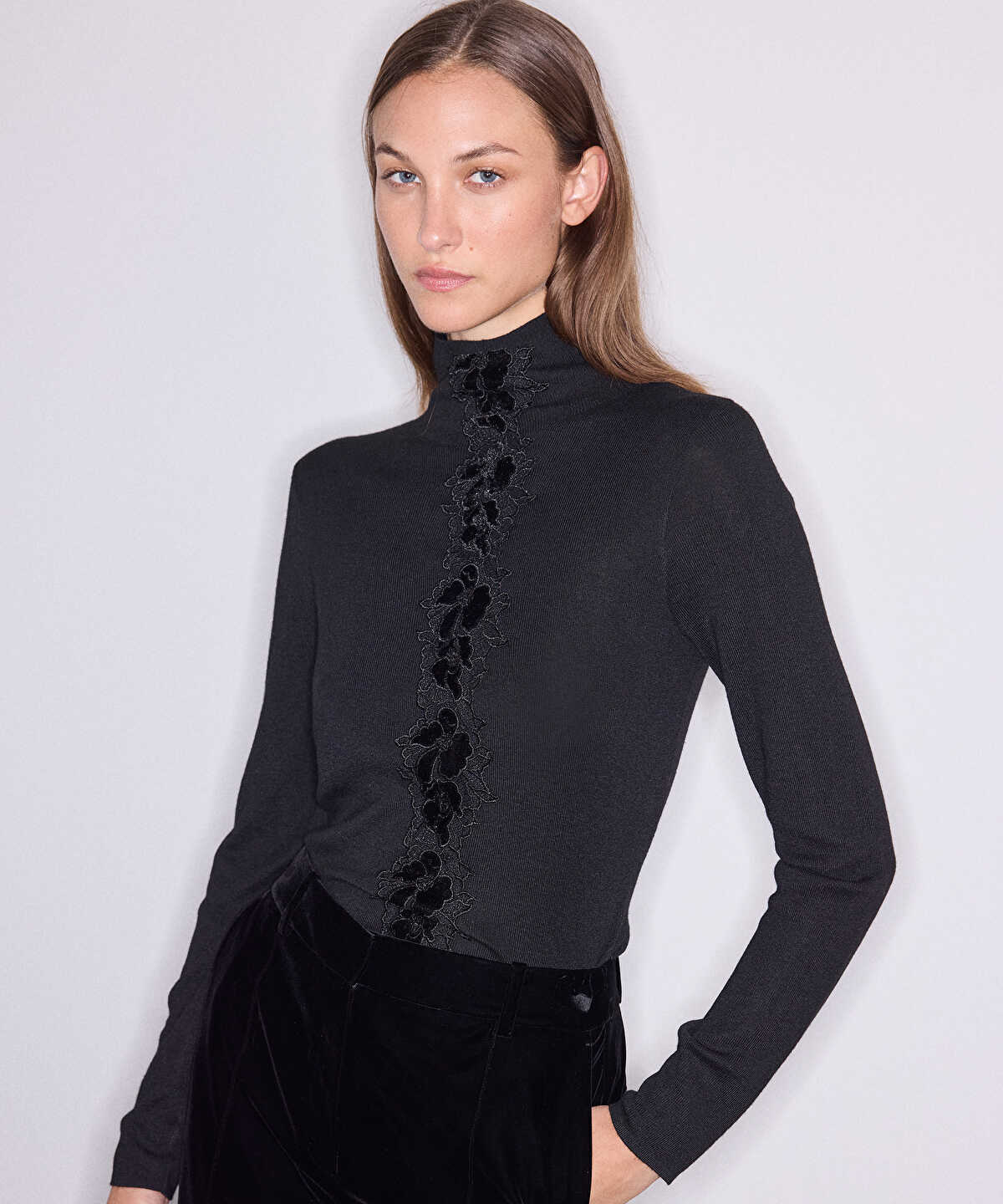 Knit Top with Lace Appliques
