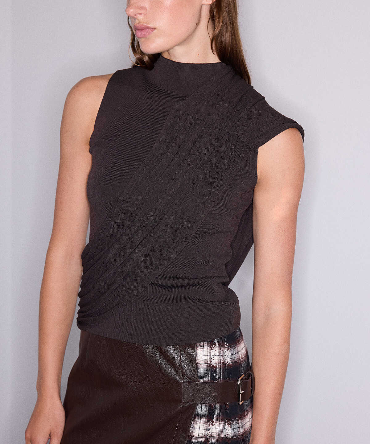 Asymmetric Draped High-Neck Knit Top