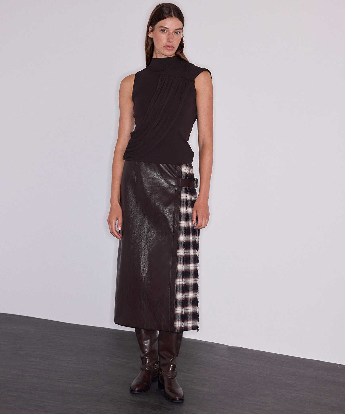 Asymmetric Draped High-Neck Knit Top