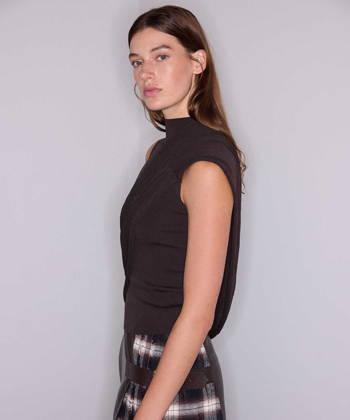 Asymmetric Draped High-Neck Knit Top