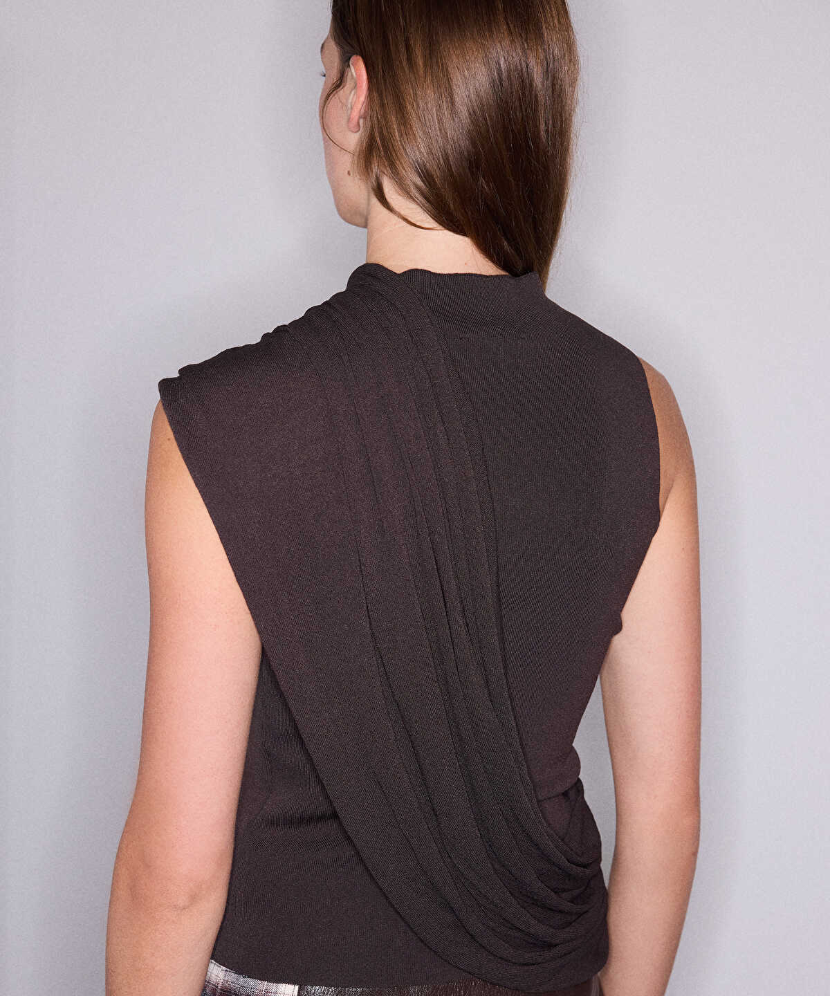 Asymmetric Draped High-Neck Knit Top