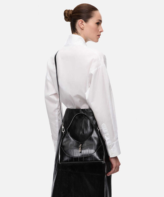 Metal-Buckle Faux-Leather Oval Bag