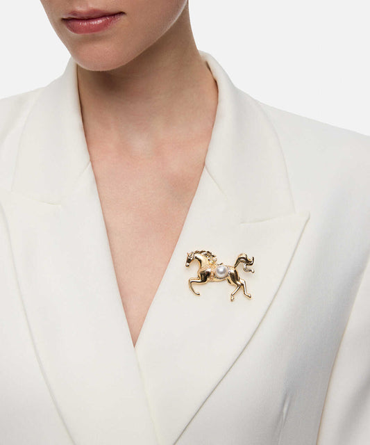 Faux-Pearl Embellished Horse Brooch