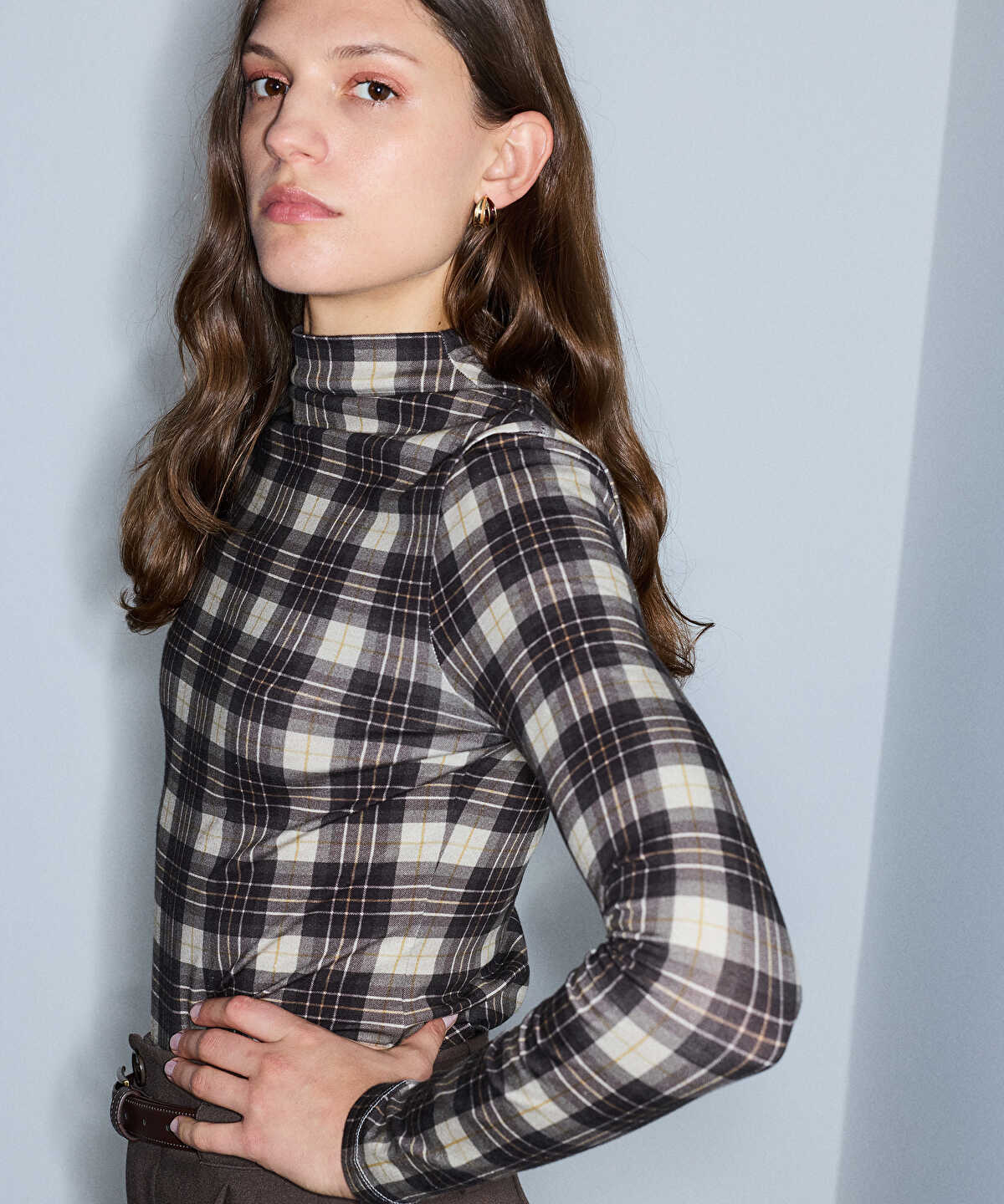 High-Neck Plaid T-Shirt