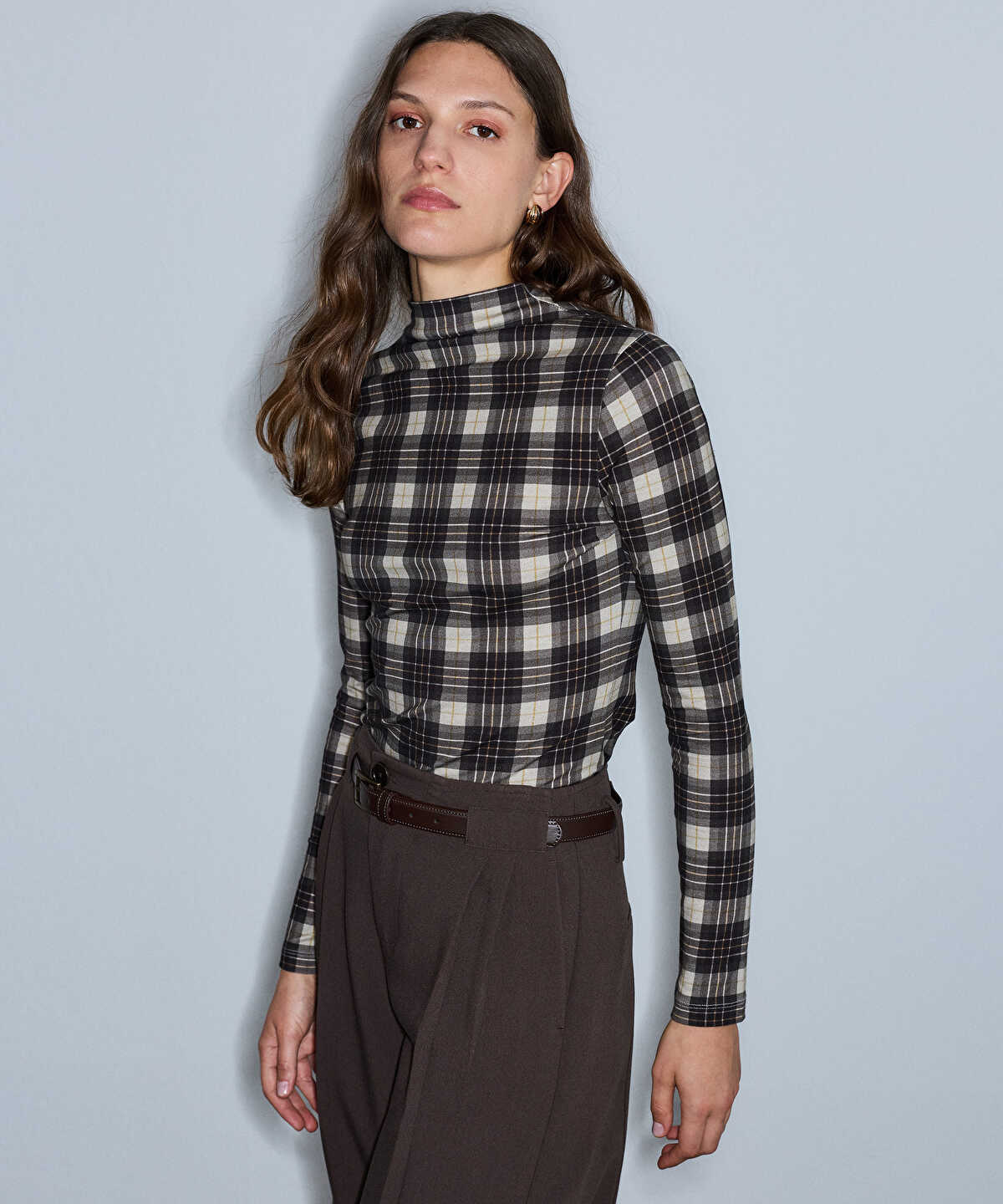 High-Neck Plaid T-Shirt