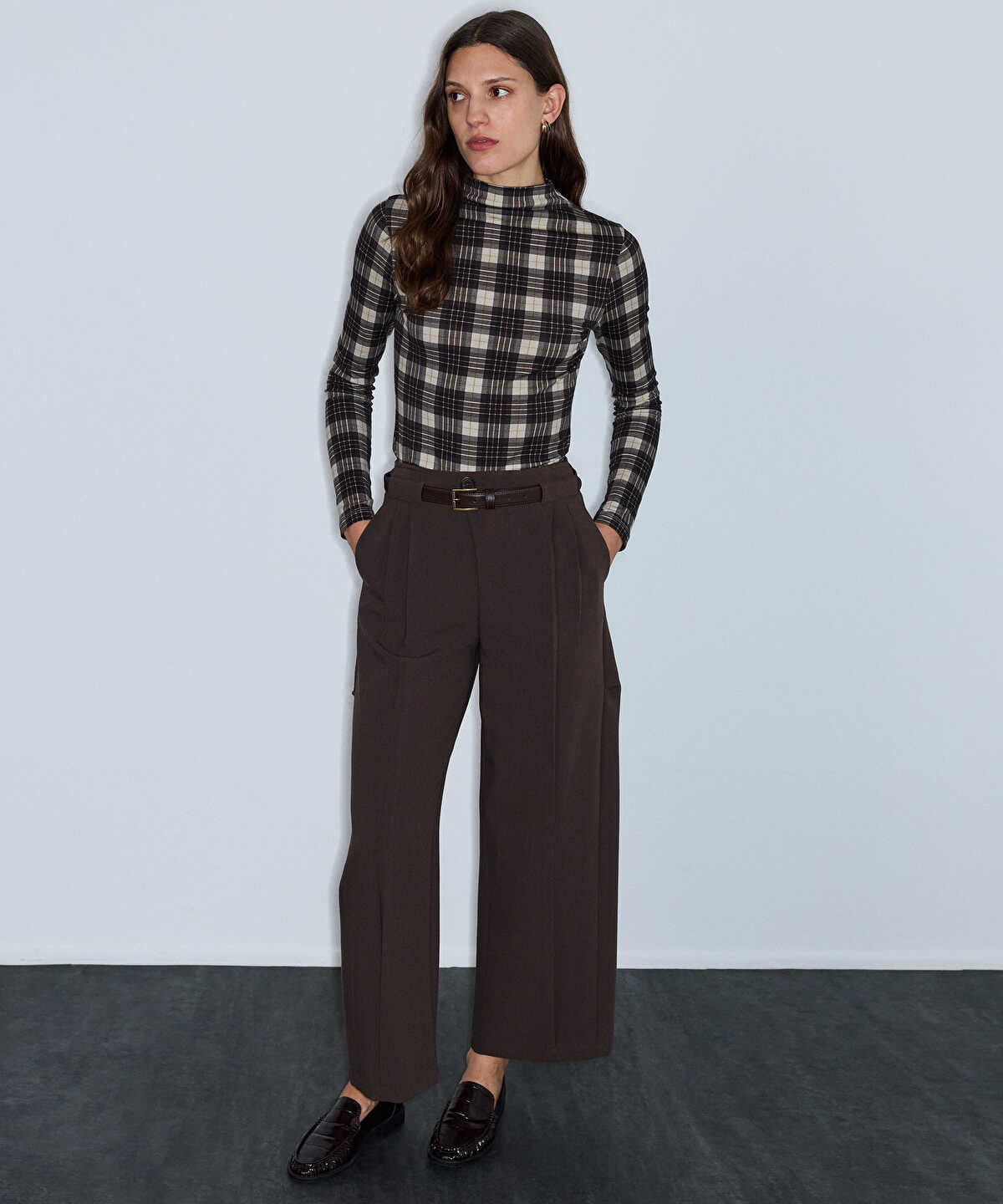 High-Neck Plaid T-Shirt