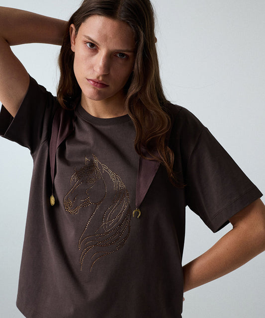 Rhinestone T-Shirt with Detachable Scarf