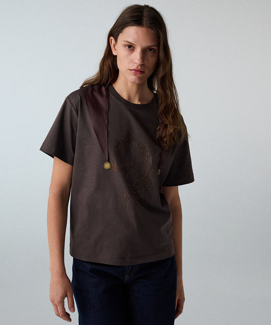 Rhinestone T-Shirt with Detachable Scarf