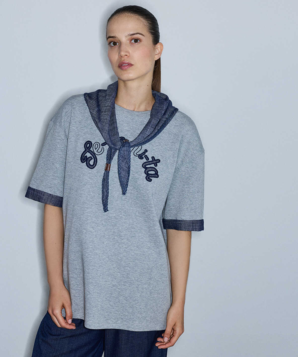 Slogan-Embroidered T-Shirt with Scarf