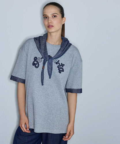 Slogan-Embroidered T-Shirt with Scarf