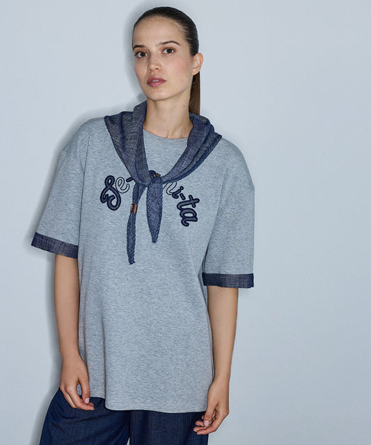 Slogan-Embroidered T-Shirt with Scarf