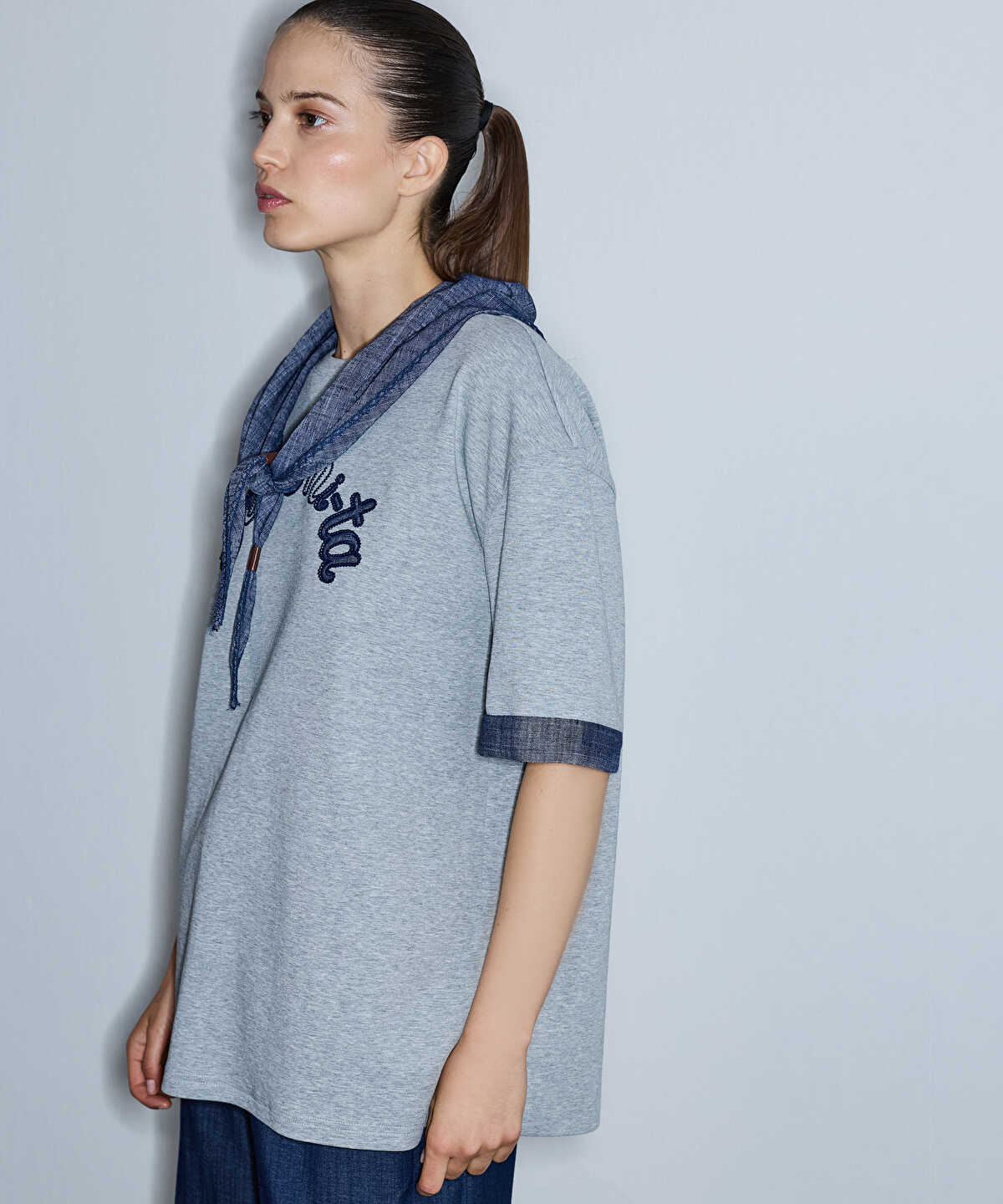 Slogan-Embroidered T-Shirt with Scarf