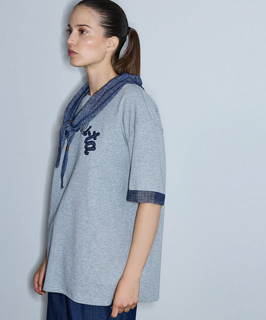 Slogan-Embroidered T-Shirt with Scarf