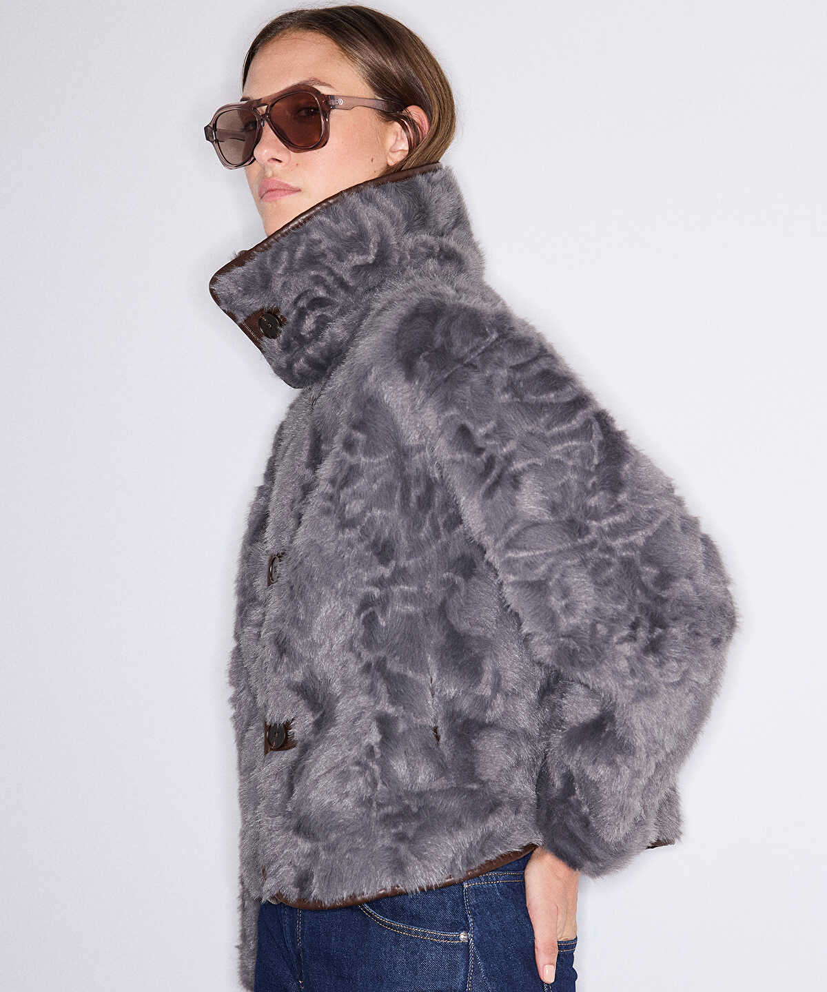 Faux Fur Coat with Leather-Effect Piping