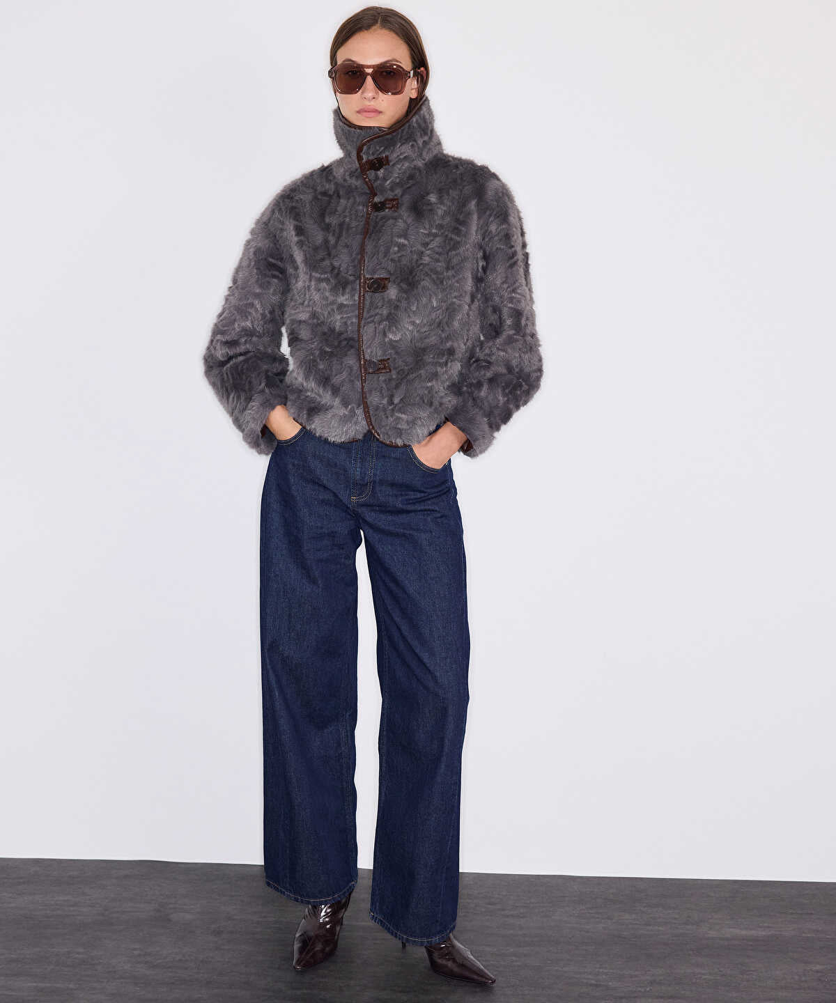 Faux Fur Coat with Leather-Effect Piping